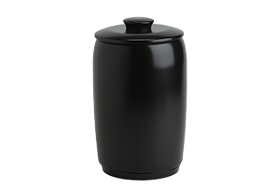 Svart, cylinderformad behållare med lock.