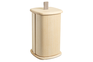 Beige, träliknande behållare med ett litet handtag på locket.